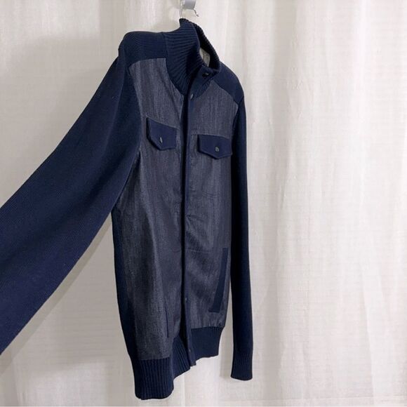 BR LT Indigo Denim Front Knit Full Zip Snap Front Mock Neck Cardigan - Picture 7 of 14
